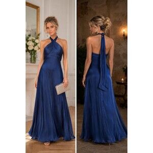 Lulus Canley Maxi Dress Blue Satin Cross Front Halter Size S NWT